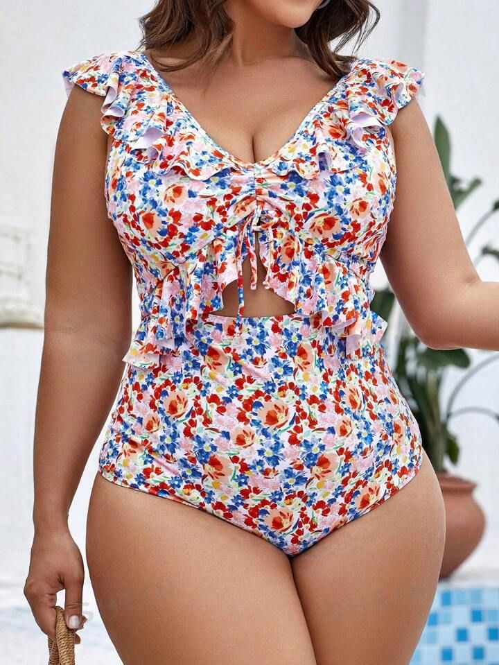 SHEIN Swim Curve Plus Floral Print Ruffle Trim Drawstring Front One Piece Swimsuit | SHEIN