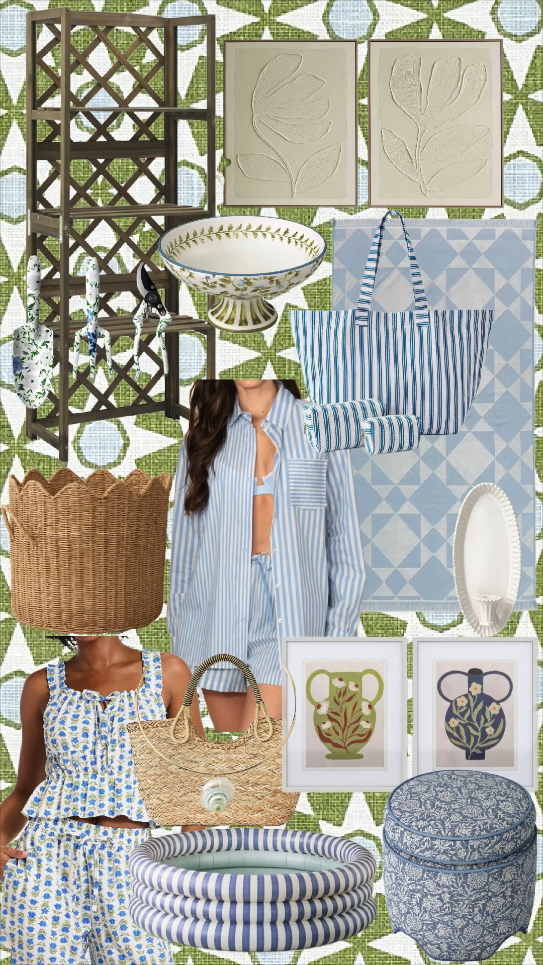 @Target new arrivals I’m loving!!

Blue, green, and a touch of rattan might just be my favorite summer combination. 💙🌿 From striped sets and block-print separates to garden-inspired home finds, these pieces bring that fresh grandmillennial coastal charm I never get tired of. Whether you’re refreshing a patio, packing for a weekend getaway, or adding a few timeless touches indoors, these finds feel classic, collected, and effortlessly chic.

✨ Save this mood board for your next home or wardrobe refresh!

Product List

* Green geometric wallpaper
* Wood lattice garden shelf
* Floral gardening tool set
* Botanical textured wall art
* Blue & white pedestal bowl
* Blue diamond outdoor blanket
* Blue striped tote bag
* Blue striped travel pouch set
* Scalloped rattan planter basket
* Blue striped pajama/lounge set
* White scalloped serving platter
* Blue floral block print top
* Matching block print shorts
* Woven straw shell tote
* Botanical vase art prints
* Blue floral garden stool
* Blue striped inflatable pool

Hashtags
#LTKHome #LTKStyle #GrandmillennialStyle #CoastalGrandmillennial #BlueAndWhiteDecor #SummerStyle #ClassicStyle #TraditionalHome #GardenInspired #CoastalLiving #RattanDecor #BlockPrint #SummerFinds #HomeDecorInspo #TheBrokeBrooke