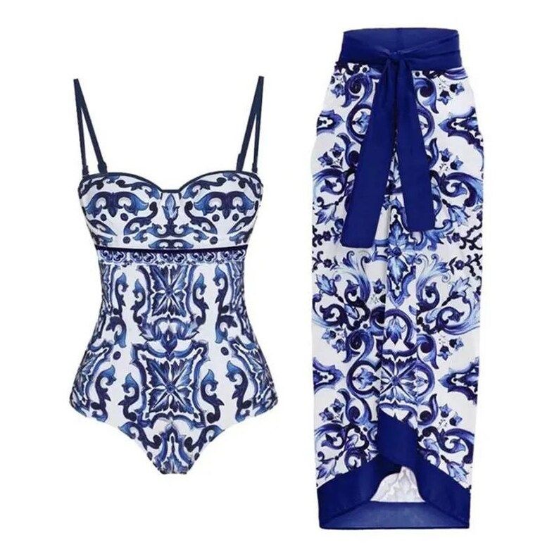 Dolce Vita Italian scilian Mediterranean tile print blue and white swimsuit bikini saron cover up... | Etsy (US)