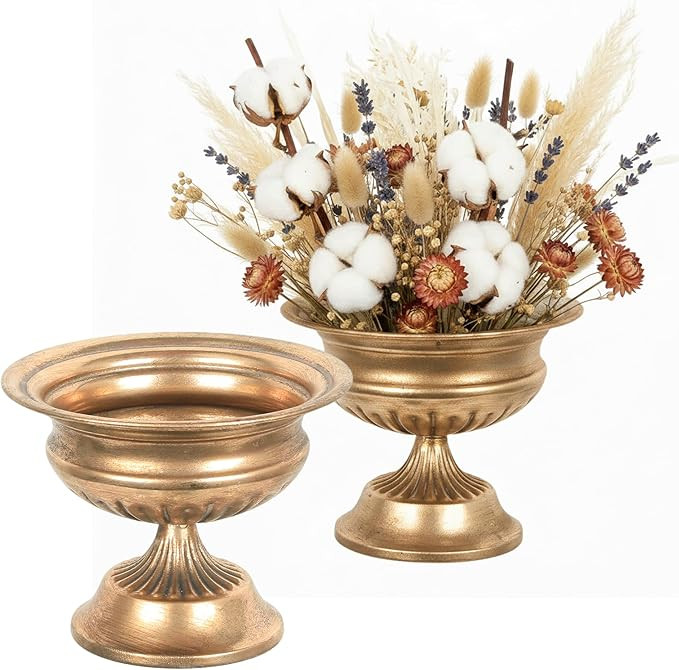 WORTH Small Urn Vases for Centerpieces Set of 2, Classic Metal Trumpet Flower Pots for Table, Bow... | Amazon (US)