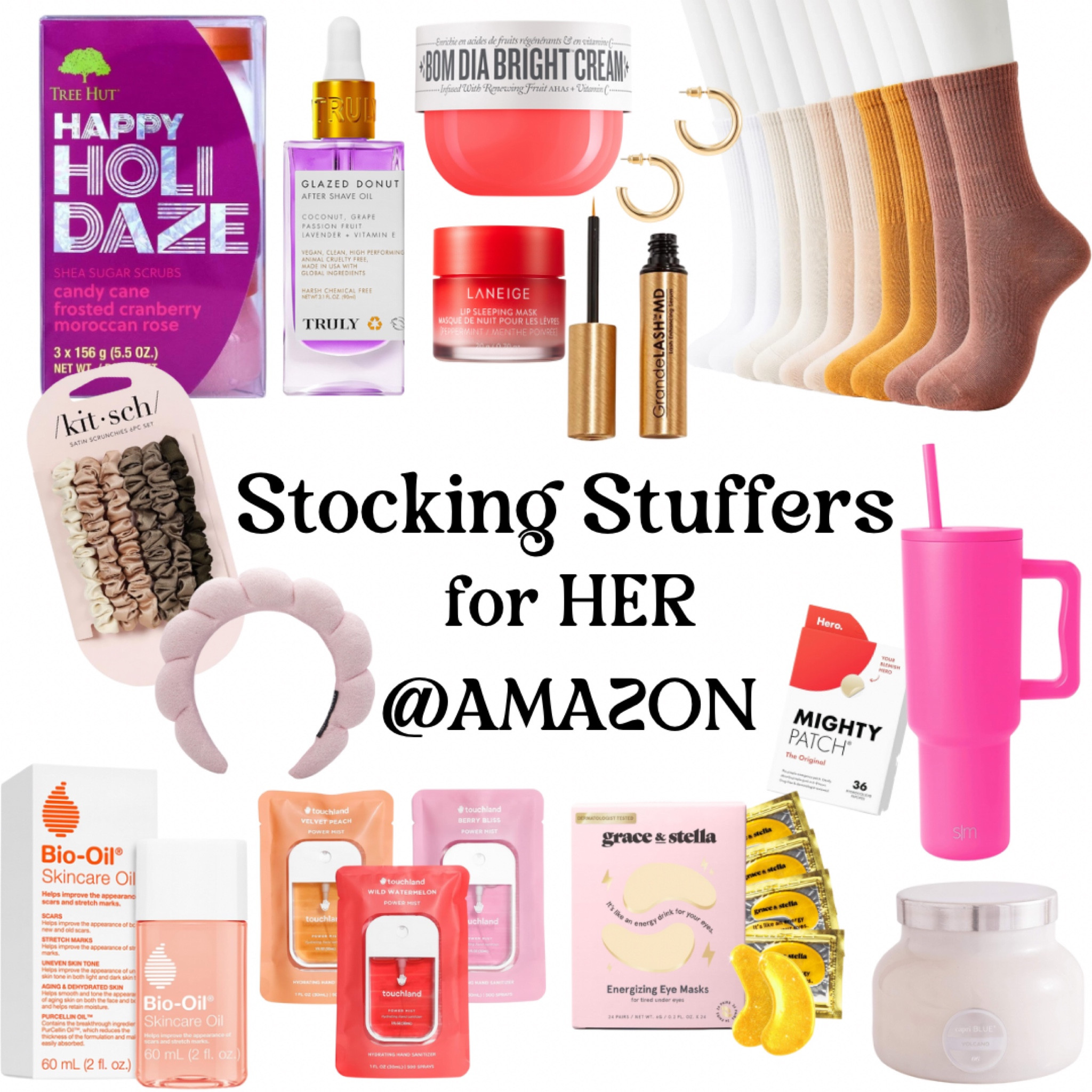 Stocking stuffers for HER! All on Amazon! 
Skincare, socks, tumblers, candles, jewelry! All the favs! Tree hut, Grande Lash, Kitsch, Truly, bio oil, touch land, laneige, simple modern, capri blue and more!

#LTKGiftGuide #LTKSeasonal #LTKHoliday