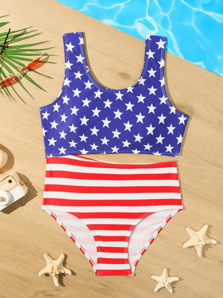 Tween Girls' American Flag Printed Cutout Monokini Swimsuit | SHEIN