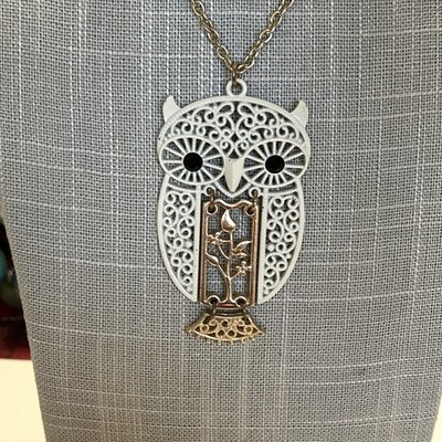 Vintage 28” Gold Tone Chain Owl Pendant 2 3/4 By 1 1/2 White Enamel & Black RS | eBay US