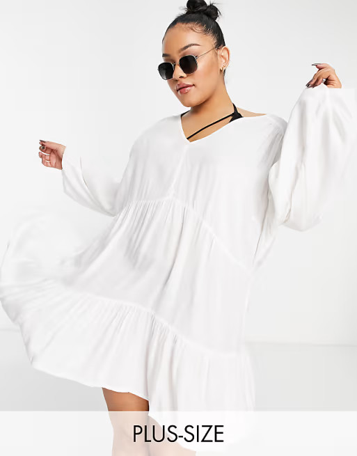 Esmee Plus Exclusive mini tiered smock dress with long sleeve in white | ASOS (Global)