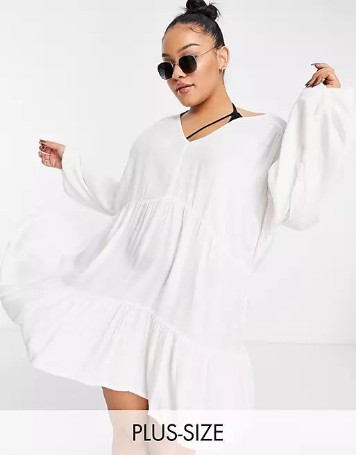 Esmee Plus Exclusive mini tiered smock dress with long sleeve in white | ASOS (Global)