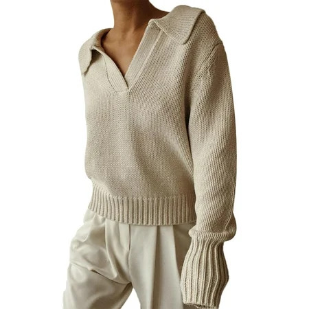 TheFound Women Casual Solid Color Sweater Collar V-Neck Long Sleeve Knitted Polo Pullover Jumper Top | Walmart (US)