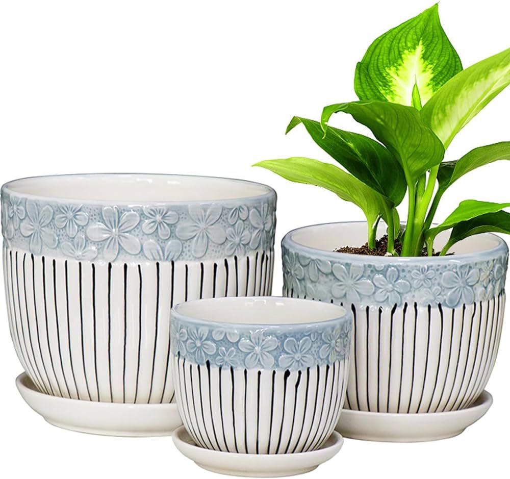 Ceramic Plant Pots Set of 3, 6.75/5.6/4.2 inch Planters with Drainage Holes and Saucer, Flower Po... | Amazon (US)