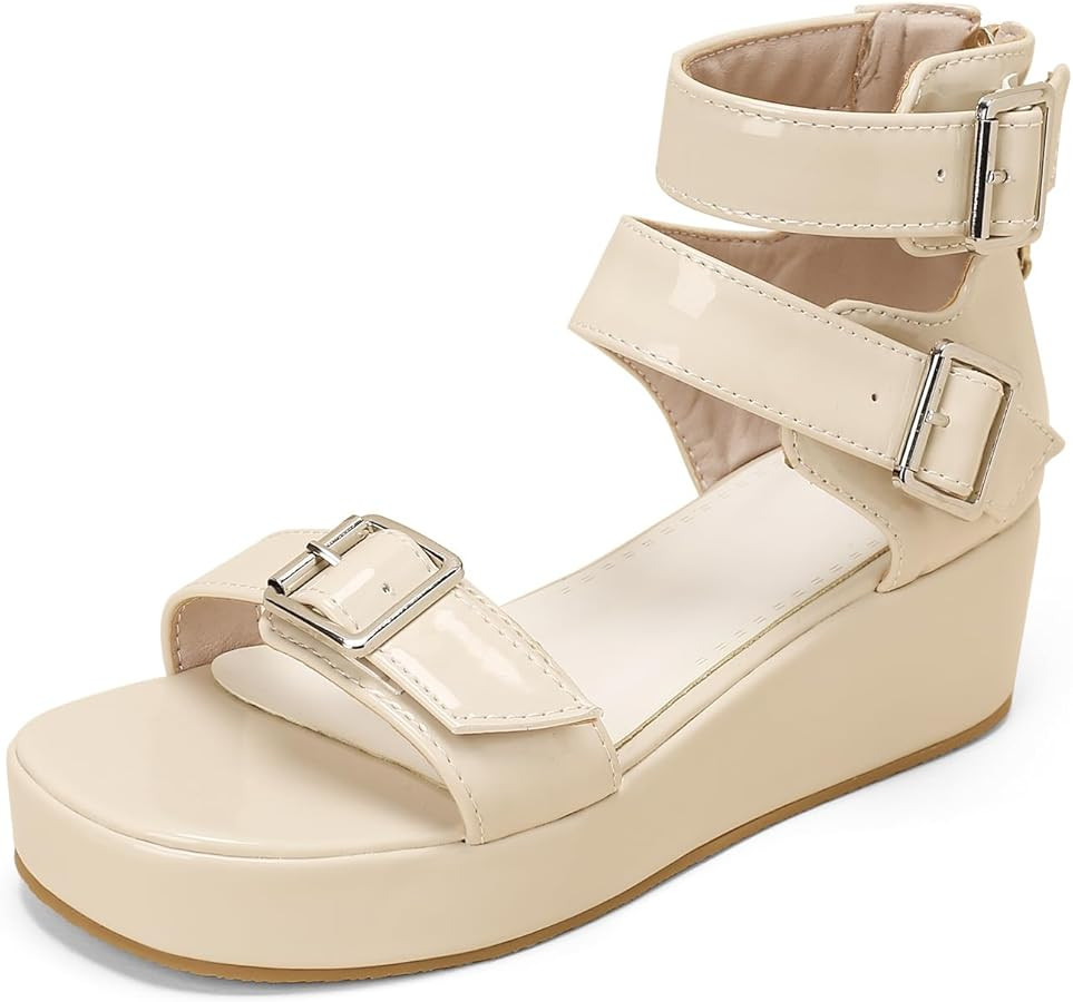 Women's Gothic Platform Wedge Pumps, Patent Leather Heels Punk Sandals with Triple Metal Buckle A... | Amazon (US)