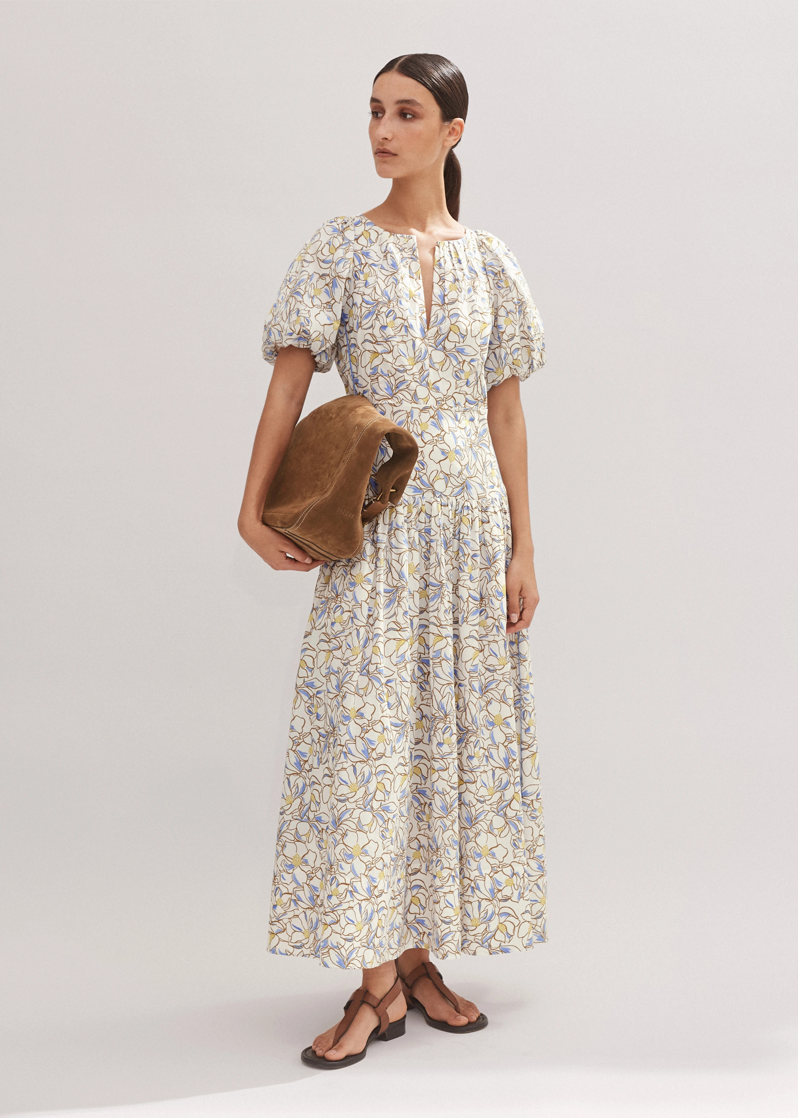 Women's Cream Cotton Voile Floral Print Maxi Dress | ME+EM | ME+EM US