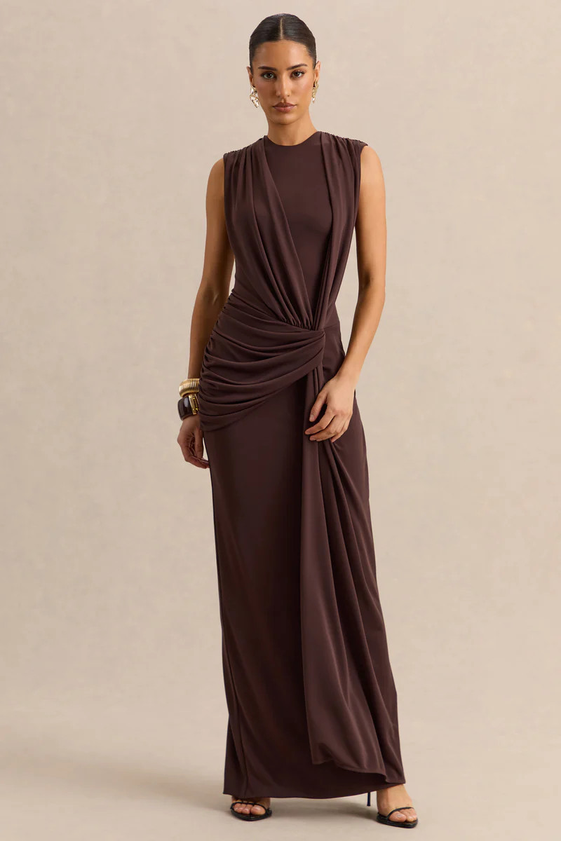Blythia  Brown Round-Neck Maxi Dress With Gathered-Detailing | Club L London