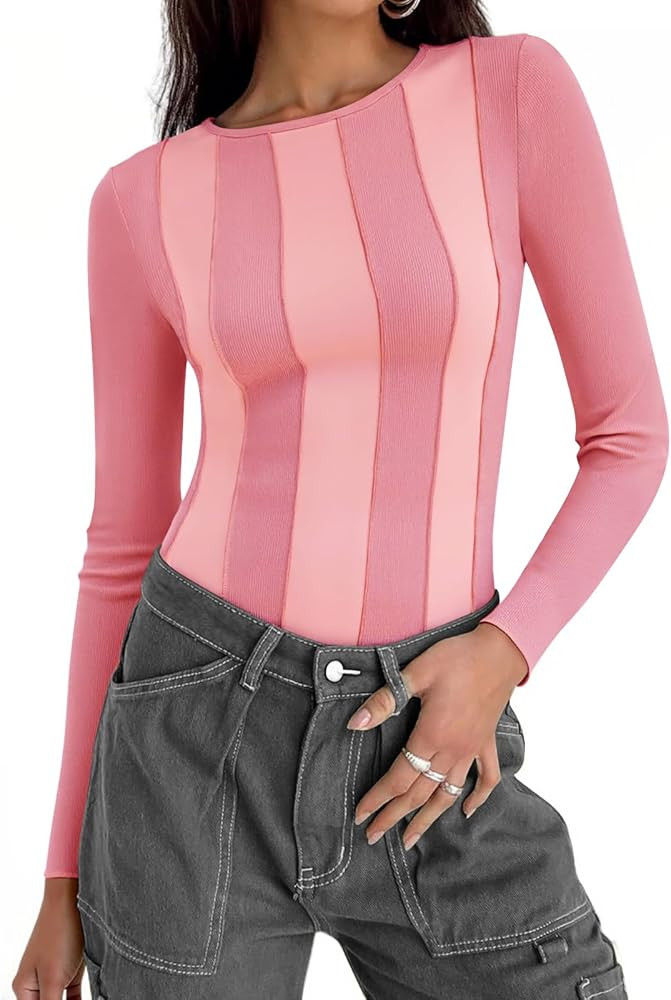 Tankaneo Womens Color Block Long Sleeve Shirts Ribbed Fitted Going Out Tops Y2k Trendy Casual Cre... | Amazon (US)