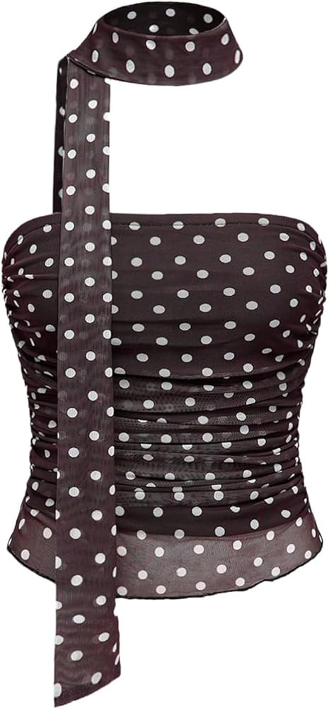 Milumia Women's Polka Dots Tube Tops Strapless Ruched Mesh Bandeau Top with Scarf | Amazon (US)