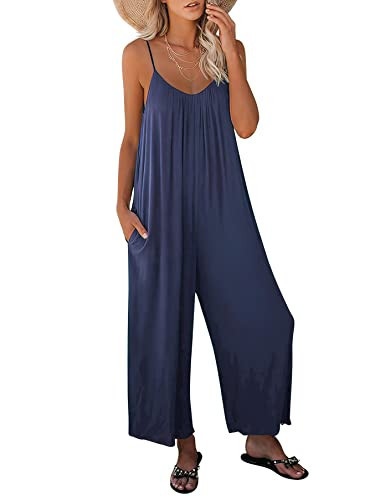 ANRABESS Women Summer Casual Sleeveless Spaghetti Strap Boho Wide Leg Jumpsuits Rompers Dressy 2025 Trendy Outfits Clothes Navyblue Medium | Amazon (US)