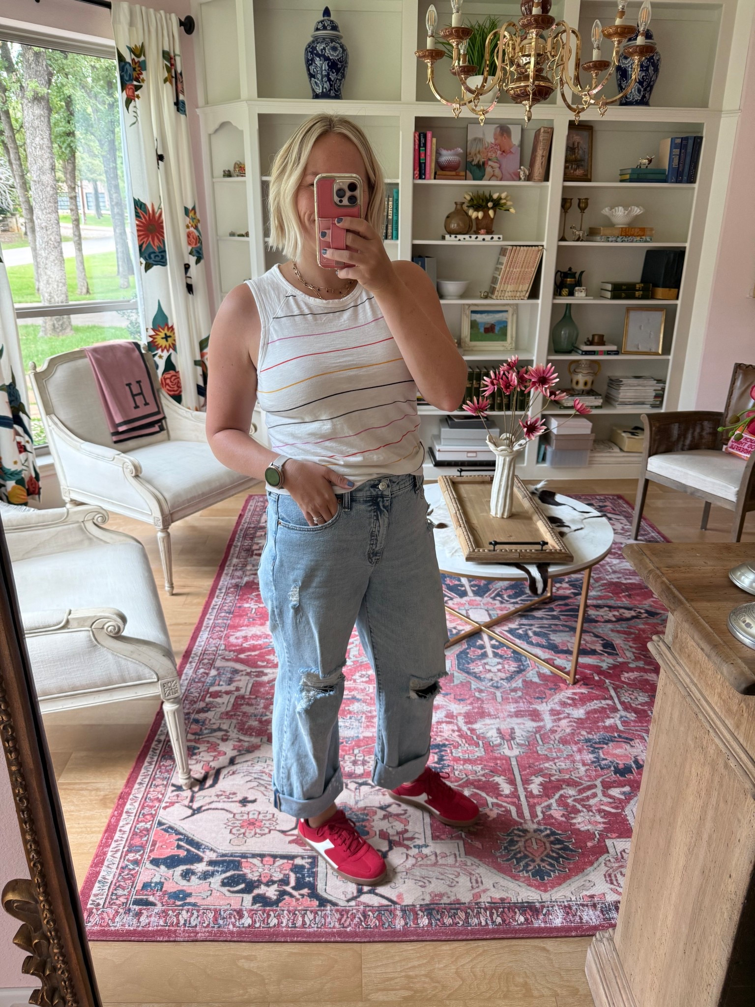 Whole outfit is so affordable! Boyfriend jeans from Walmart $30, tank on sale for $40, and shoes only $20! Size down 2 sizes in the jeans! 

#LTKShoeCrush #LTKFindsUnder50 #LTKSaleAlert