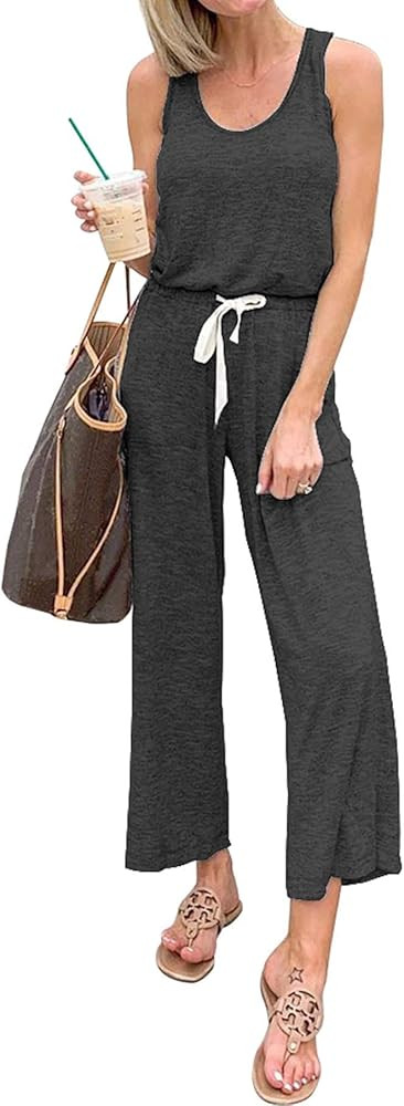 PRETTYGARDEN Women's Casual Solid Sleeveless Jumpsuit Crewneck Drawstring Waist Stretchy Long Pan... | Amazon (US)
