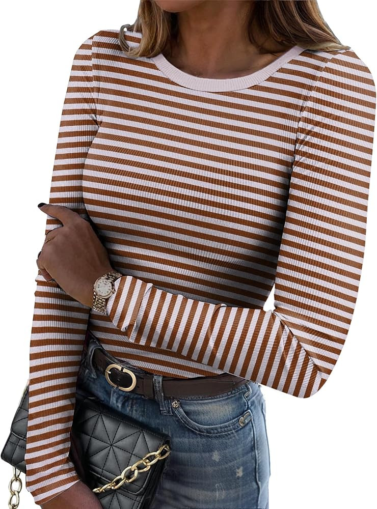 Zeagoo Womens Long Sleeve Stretch Crewneck Ribbed T-Shirt Slim Fit Casual Basic Tops S-XXL | Amazon (US)
