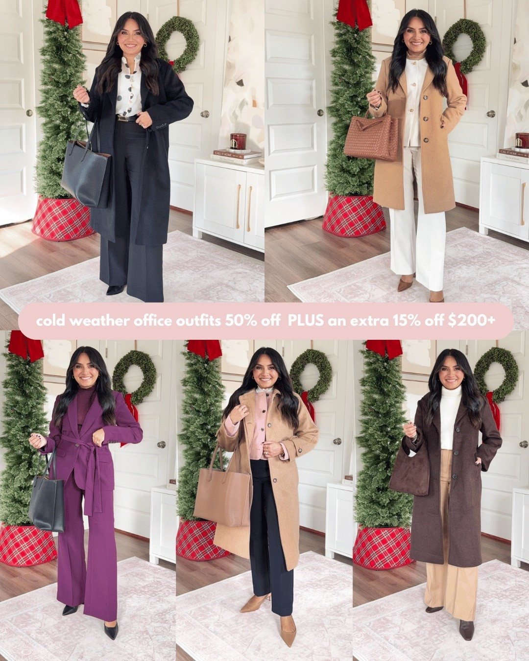 Cold Weather Workwear Outfits On MAJOR SALE!
For reference: I’m 5’0, 32b bra size, and 2/26 in bottoms, pear shaped. 
*Everything I share is unaltered! TTS means true to size. Between size 5-6.6 in shoes

Polka dot top size xs petite TTS
Black flare pants size 2 petite TTS
Black coat size xs petite TTS
Black boots size 5.5 TTS
Black belt size small TTS

Ivory gold button jacket top size 0 petite TTS
Ivory pants size 2 petite TTS
Brown heels size 5 TTS
Tan turtleneck size xs petite TTS
Camel coat size xs petite TTS

Pale mauve pink jacket size 0 petite TTS
White turtleneck size xs petite TTS
Navy pants size 2 petite TTS
Tan medium brown size 5 TTS

White sweater size xs petite TTS
Tan cafe au lait pants size 2 petite TTS
Dark coffee brown coat size xs petite TTS
Brown leather boots size 5.5 TTS

Winter bloom plum blazer size 0 petite TTS
Poised plum top size xxs regular TTS
Winter bloom plum pants size 2 petite TTS
Black heels size 5 TTS - old, similar linked



cold weather workwear
winter office outfits
petite workwear
petite winter outfits
cold weather outfits
work outfits winter
9–5 winter style
petite business casual
winter capsule workwear
work coats women
warm work outfits
winter layers outfit
petite friendly outfits
office winter fashion
workwear ideas winter
Black friday
Cyber monday
Rachelmirandablog
Honeysweetpetite


Comment SHOP below to receive a DM with the link to this post on my LTK ⬇ https://liketk.it/5CCmn #ltkworkwear #ltkpetite #ltkcyberweek

#LTKPetite #LTKWorkwear #LTKHoliday