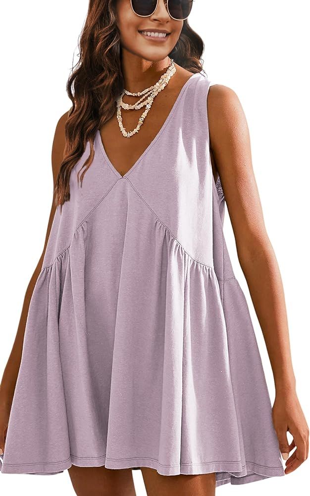 Athlisan Womens Summer Sleeveless Mini Dress Casual Loose V Neck Sundress with Pockets | Amazon (US)