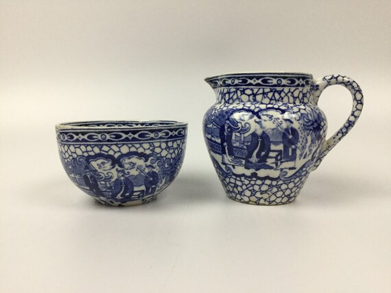 Blue and White Porcelain Creamer/Milk Pitcher and Sugar Bowl, Chinese Motif Adams England | Etsy (US)