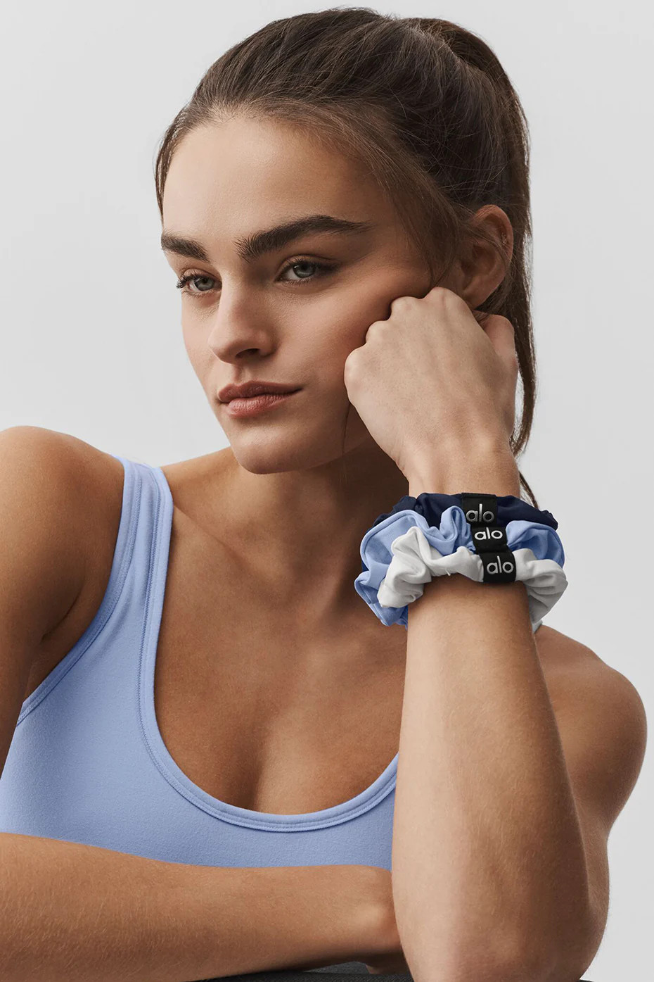 ALO | Fresh Mini Scrunchie 3-Pack in Light Provence Blue/Navy/White | Alo Yoga