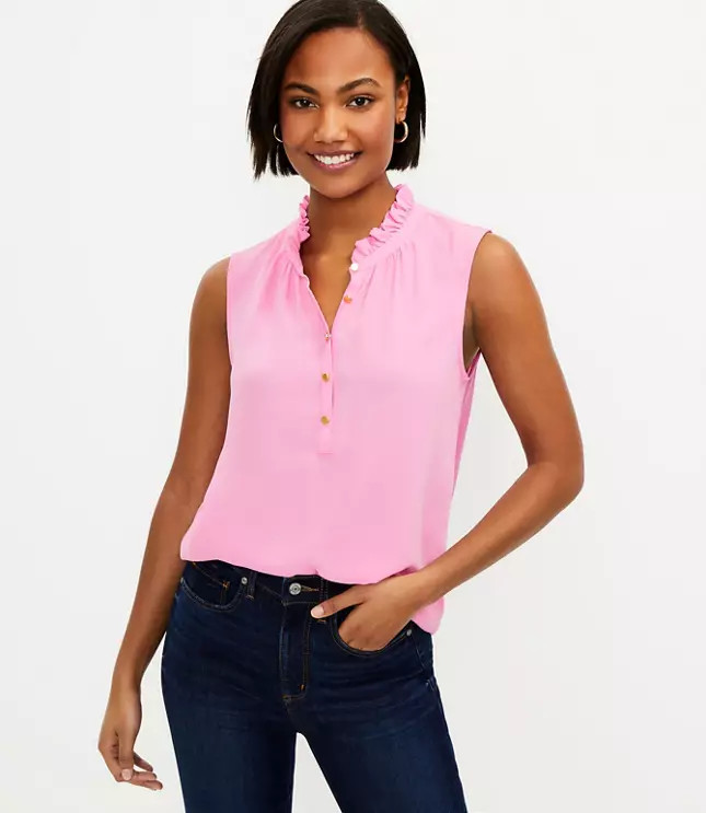 Petite Ruffle Mixed Media Shell | LOFT