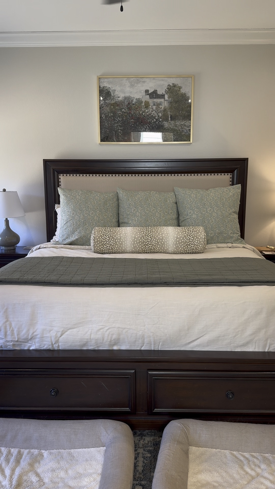 Master bedroom / primary bedroom : custom pillows / neutral bedroom / cozy bedroom / olive green blanket / cream linen comforter 

#LTKHome