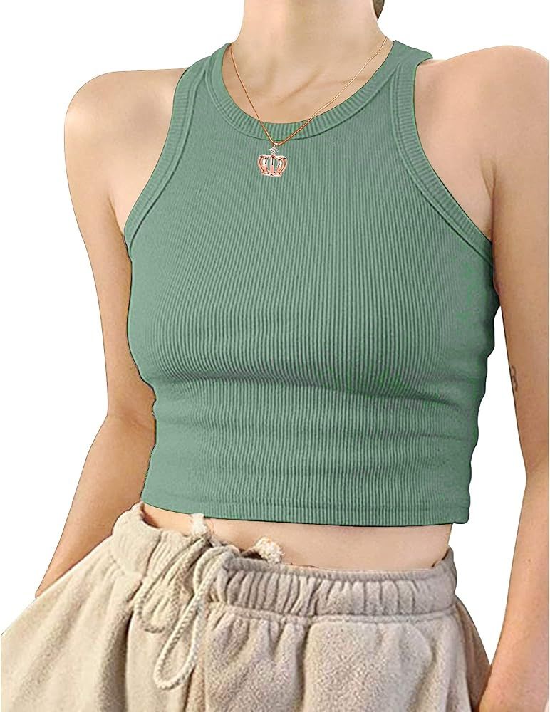 VINMEN Women High Neck Rib Knit Crop Tank Tops Camisole Rib | Amazon (US)
