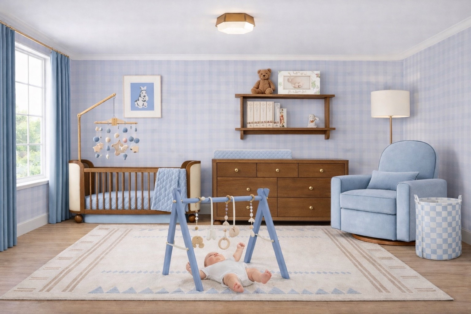 Calm, cozy, and timeless 🩵
This soft blue baby boy nursery mixes warm wood tones, gingham walls, and sweet keepsakes for a space that feels peaceful and elevated. From the classic crib to the cuddly teddy and memory shelf styling — every piece is functional and photo-ready.

#LTKHome #LTKBump #LTKBaby