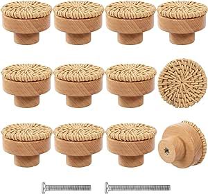 ANPHSIN 12 Pack Boho Rattan Dresser Knobs- Durable Beech Wood Drawer Knobs Handmade Wicker Woven ... | Amazon (US)