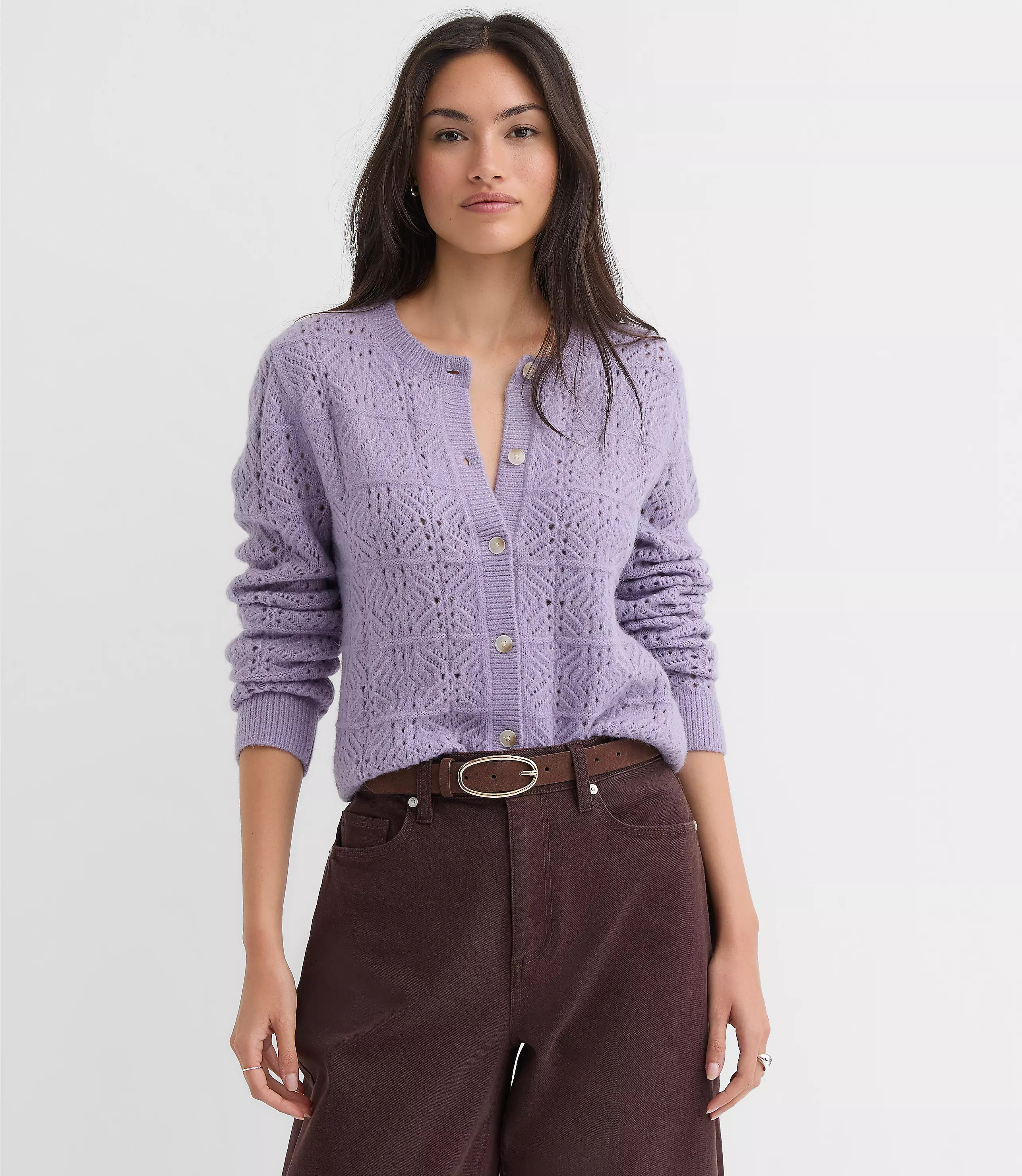 Windowpane Pointelle Cardigan | LOFT