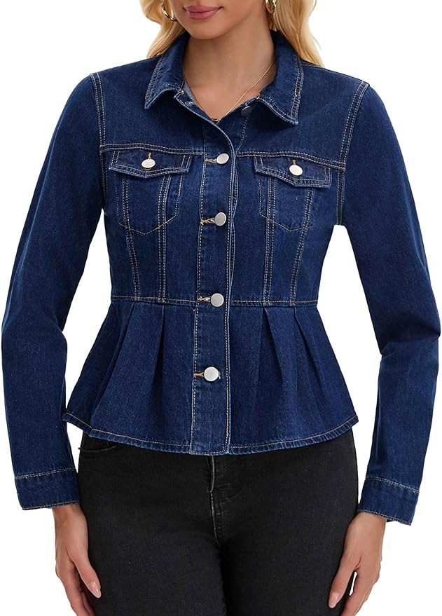 Women's Denim Jacket Button Down Collar Ruffle Hem with Pockets Peplum Jean Jackets | Amazon (US)