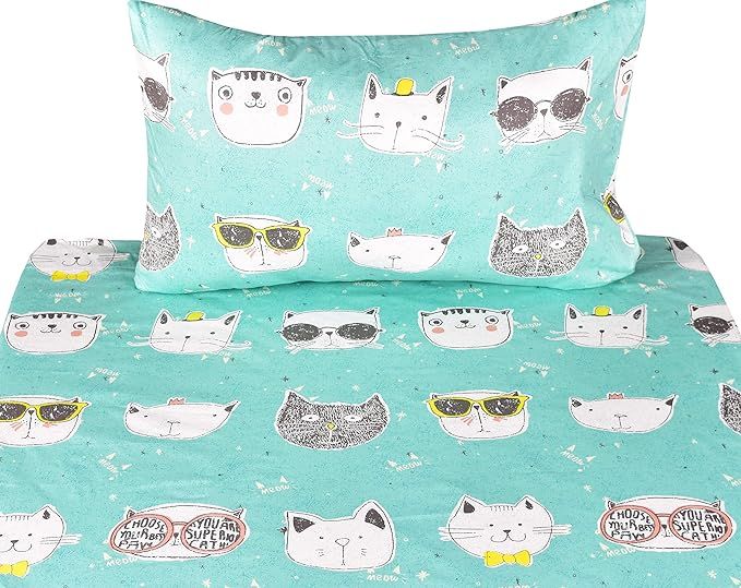 J-pinno Cats Kitty Cute Twin Sheet Set for Kids Girl Children,100% Cotton, Flat Sheet + Fitted Sh... | Amazon (US)