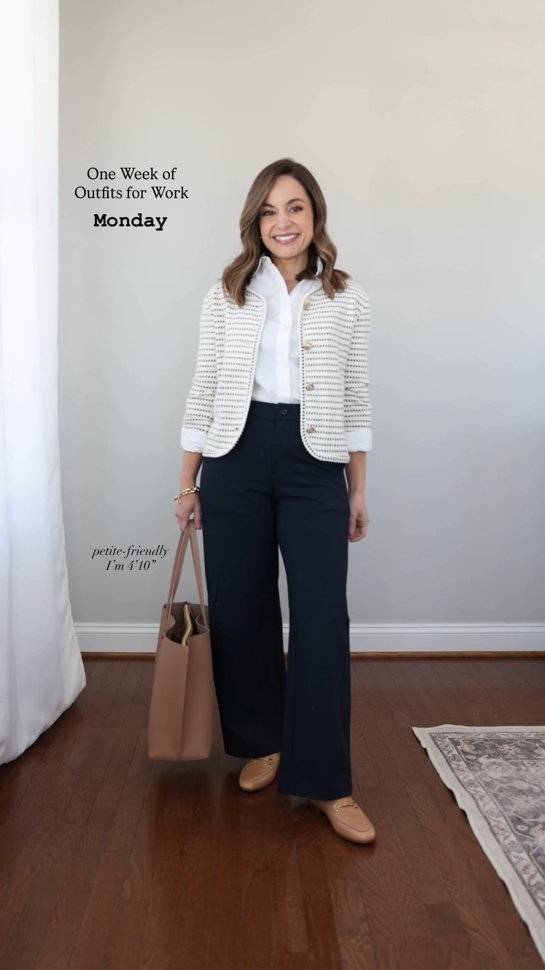 A week’s worth of petite-friendly outfit ideas for work! 

Monday 
Pants (BR Factory): petite 00/xxs - tts, 10” rise, 27.5” inseam 
Jacket (Ann Taylor): petite xxs
White top (J.Crew Factory): petite xxs 
Shoes (Sam Edelman): tts in French sand
Tote (Quince) 

Tuesday 
Pants (BR): xs - size up, 10” rise, 26.5” inseam / I’m wearing standard, not petite
Sweater (J.Crew Factory): xxs 
Blazer (Ann Taylor): petite 00
Shoes (Sam Edelman): tts in Cyprus tan 

Wednesday 
Pants (Ann Taylor): petite 00 
Top (Ann Taylor): petite xxs 
Belt (Quince) 
Shoes (Sam Edelman): tts 

Thursday 
Pants (BR): petite xs - size up, 10” rise, 26.5” inseam 
White top (J.Crew Factory): petite xxs
Blazer (Ann Taylor): petite 00 

Friday 
Dress (Nordstrom): xxs 
Blazer (Ann Taylor): petite 00
Shoes (Sam Edelman): tts cappuccino 

My measurements for reference: I’m 4’10” and 105lbs. My bust, waist, and hip measurement is 32”, 24”, and 36”.

#LTKWorkwear #LTKPetite
