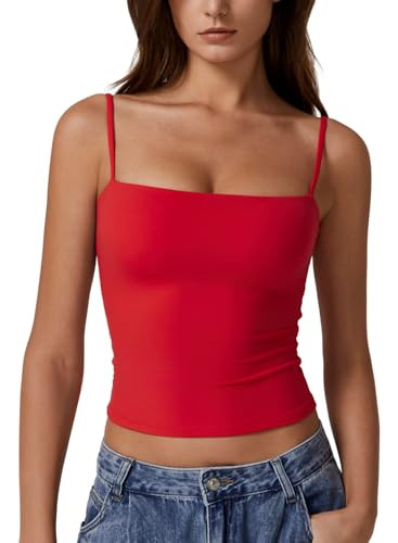 QINSEN Women's Double Lined Basic Tank Top Adjustable Spaghetti Straps Sleeveless Camisole Shirts | Amazon (US)