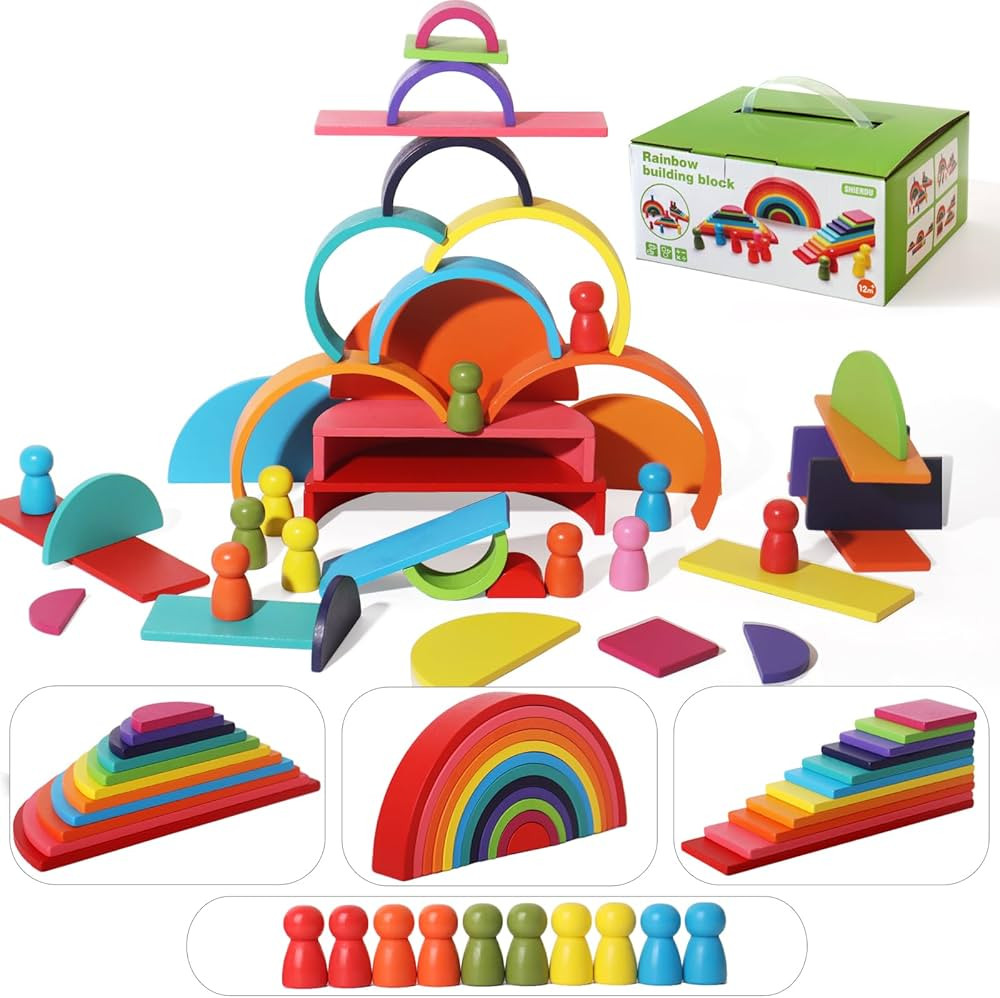 SHIERDU 45-Piece Wooden Rainbow Stack Set, 4-in-1 Building Blocks preschoolers Early Development ... | Amazon (US)