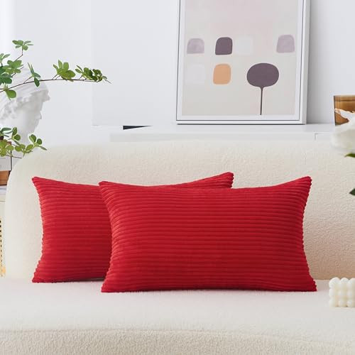 Home Brilliant Red Pillow Covers 12x20 Throw Pillows for Couch Pack of 2 Striped Corduroy Lumbar Rectangle Indoor Pillow Cover Holiday Bench Sofa Couch, 12 x 20 inch, Red | Amazon (US)