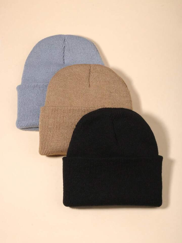 3pcs Knitted Warm Cute Baby & Children's Beanie Hat Without Brim | SHEIN