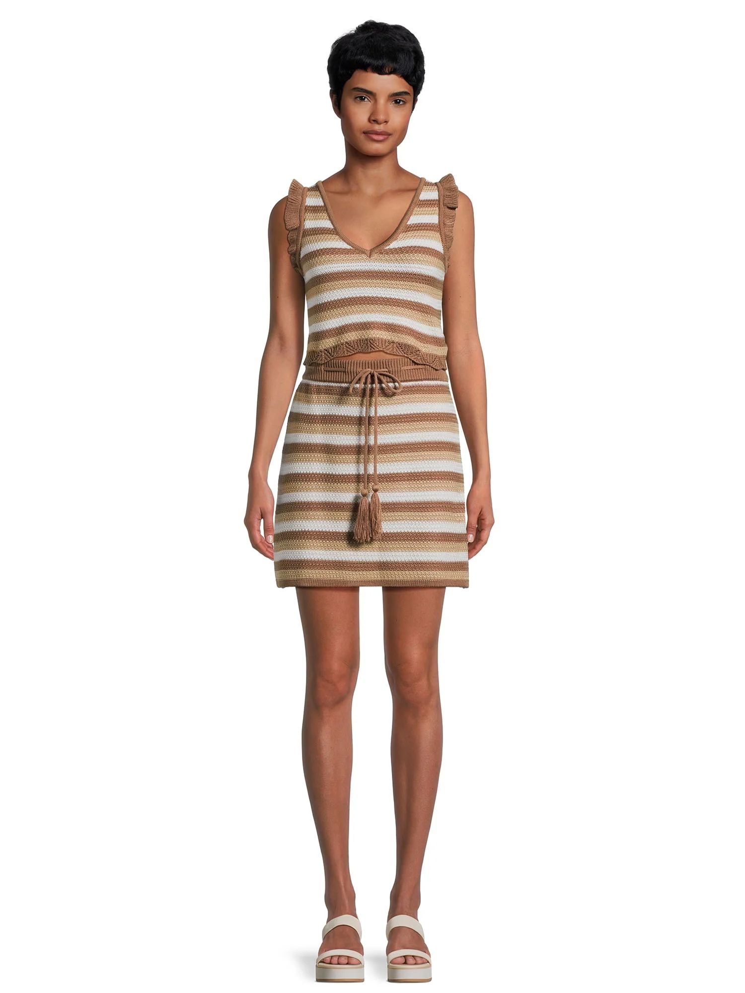 Madden NYC Women’s Juniors Striped Crochet Sleeveless Top and Skirt Set, 2-Piece, Sizes XS-3XL | Walmart (US)