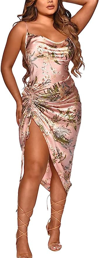 WUSENST Women's Spaghetti Strap Satin Dress Sexy Backless Drawstring Ruched Split Hem Cocktail Ev... | Amazon (US)