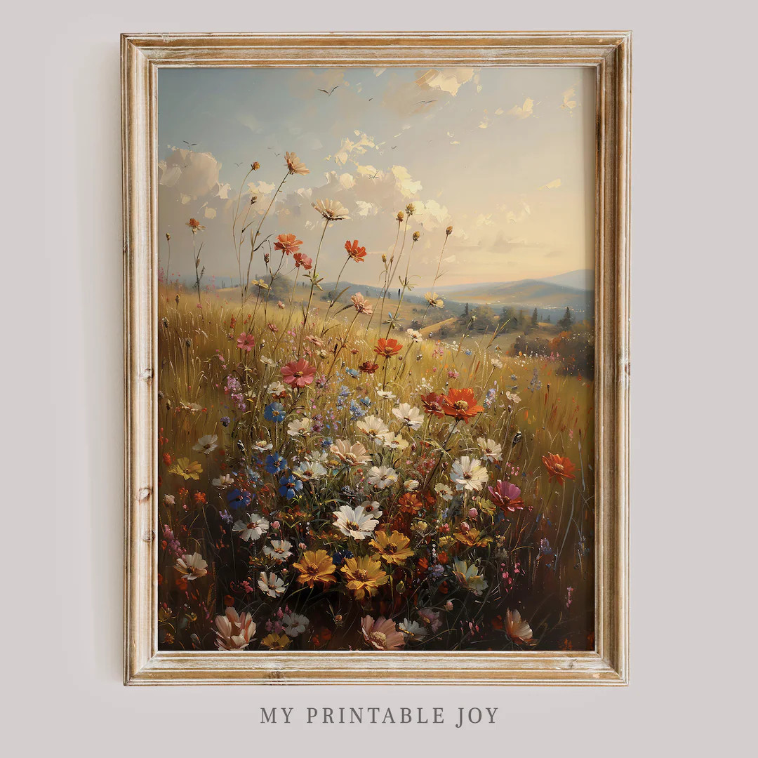 Printable Wildflower Field Print Spring Meadow Painting Neutral Landscape Vintage Print Antique F... | Etsy (US)