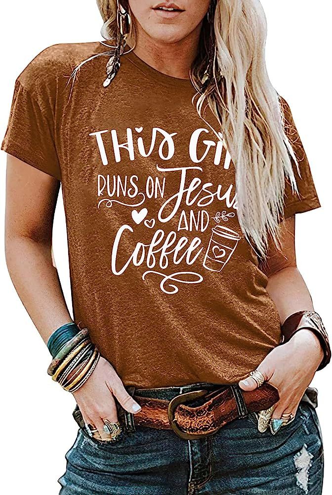 This Girl Runs on Jesus and Coffee Shirt Women Funny Letter Print Coffee Graphic Tshirt Short Sleeve | Amazon (US)