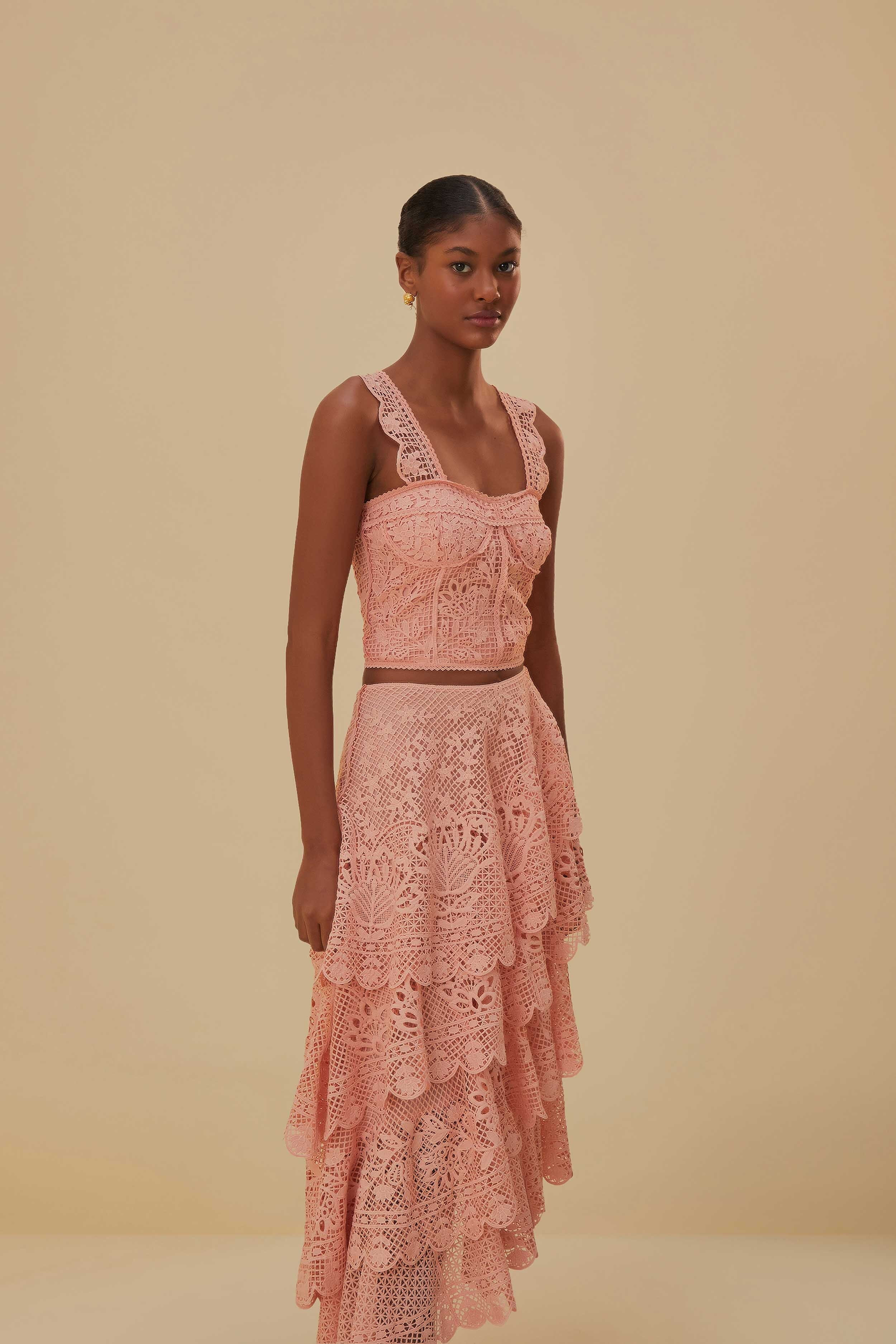 Light Pink Guipure Layered Maxi Skirt | FarmRio (US)