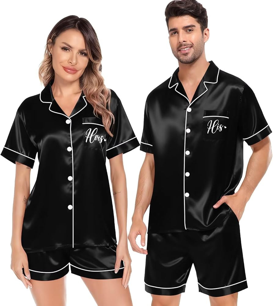 SWOMOG Satin Matching Pajamas Sets Couple Silk Button Down Nightwear Women & Men Short Sleeve Sle... | Amazon (US)