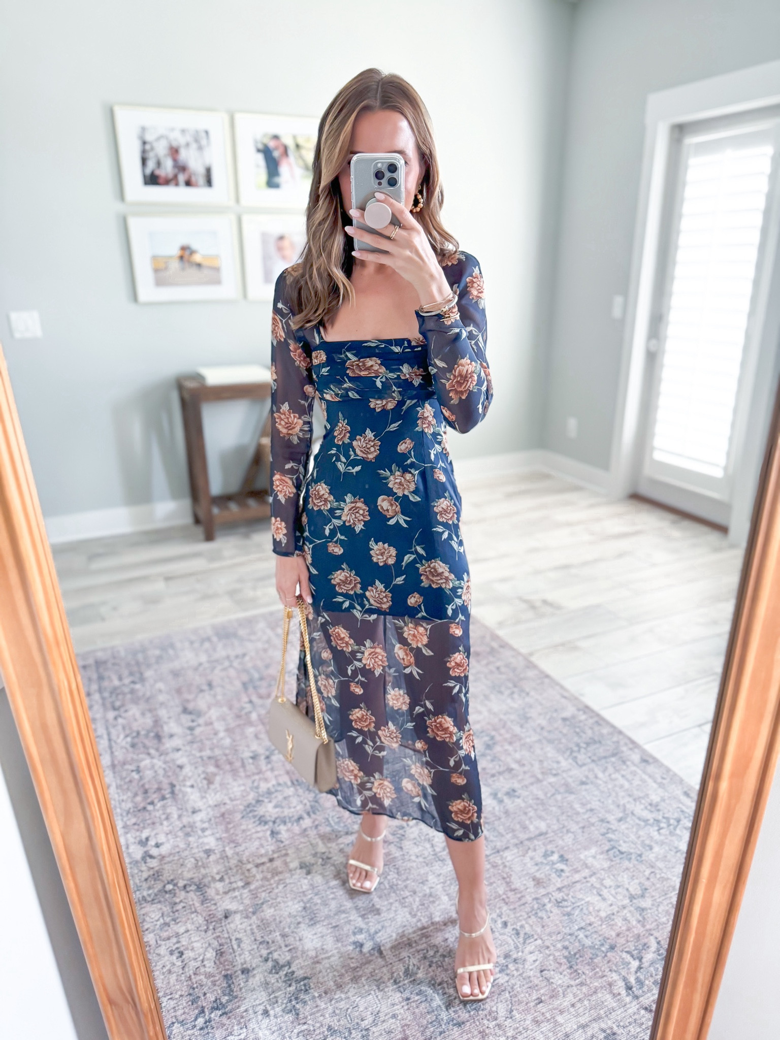 Wedding guest dress in XXS petite. Floral midi dress. Spring wedding guest. Baby shower dress. Party dress. Wedding shower dress. Neutral YSL bag. Amazon gold heels are TTS. 

#LTKSpringSale #LTKwedding #LTKparties