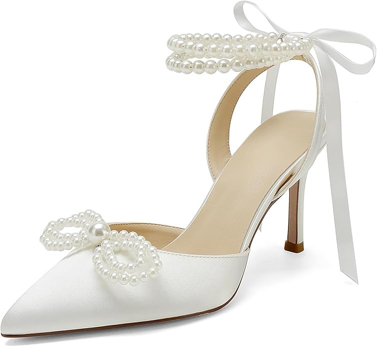Women's High Heels Closed Toe Pearls Bow Heels Slingback Ankle Strap Pumps Wedding Bridal Party D... | Amazon (US)