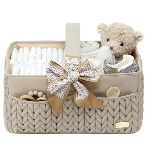LUKJOJO Luxurious Baby Diaper Caddy, Nursery Storage Basket for Newborn Essentials, Travel Baby Basket for Diapers Baby Wipes, Organizer Tote Bag Storage Bin, Baby Shower Gifts(Beige) | Amazon (US)