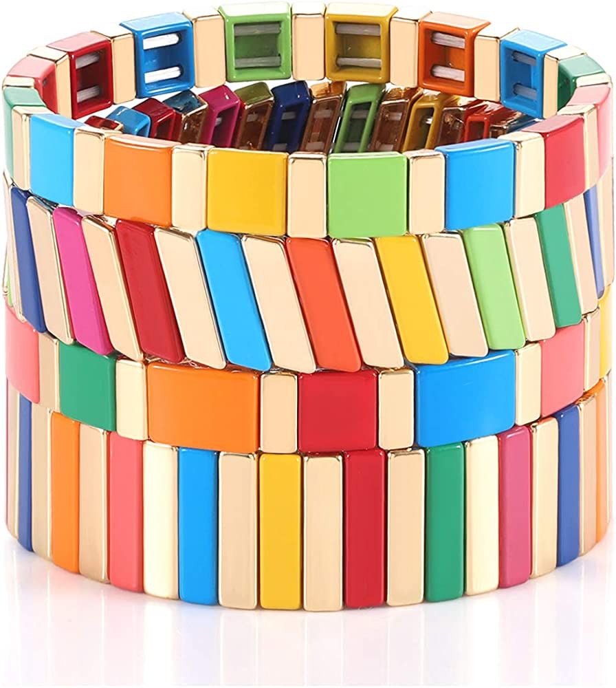 4PCS Rainbow Enamel Tile Bracelets for Women Multicolored Tile Bead Stretch Bracelets Set Stackab... | Amazon (US)