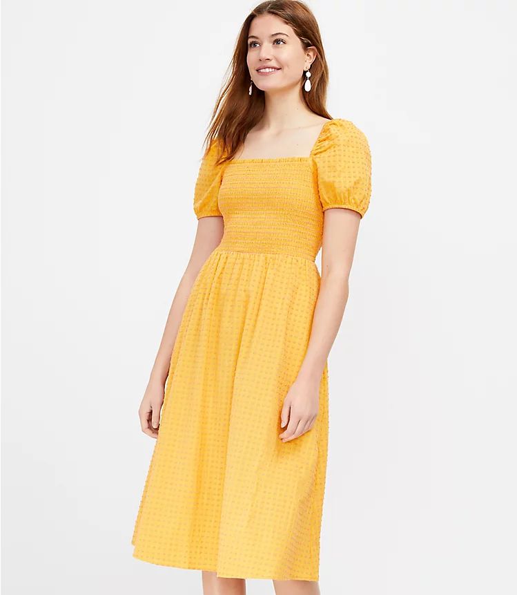 Clip Smocked Puff Sleeve Pocket Midi Dress | LOFT | LOFT