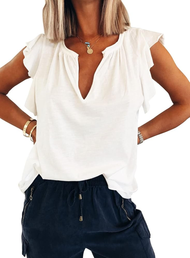 Dokotoo Women's Casual V Neck Ruffle Sleeve Summer Tank Tops Shirts | Amazon (US)