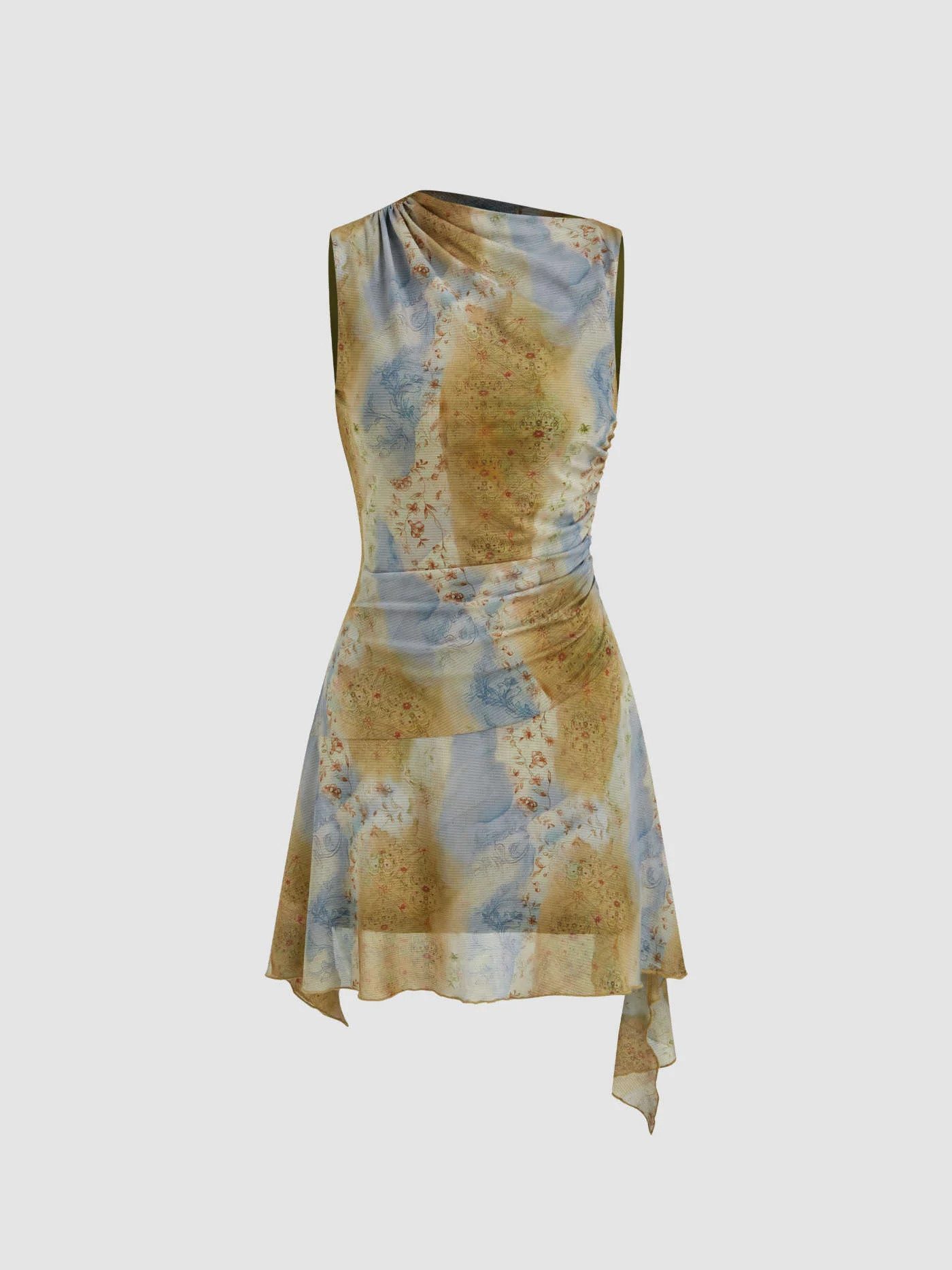 Mesh Mesh Asymmetrical Neck Tie Dye Floral Ruched Mini Dress For Music Festival/Live House | Cider